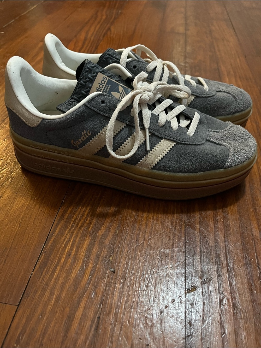 Adidas Gazelle Women’s Gray Suede Platform Sneakers with Cream Stripes